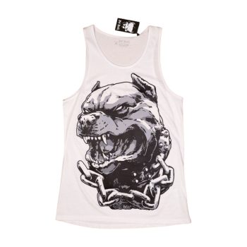   PitBull férfi atléta láncos kutyafej grafikával – fehér hardcore streetwear ujjatlan felső