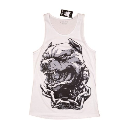 PitBull férfi atléta láncos kutyafej grafikával – fehér hardcore streetwear ujjatlan felső